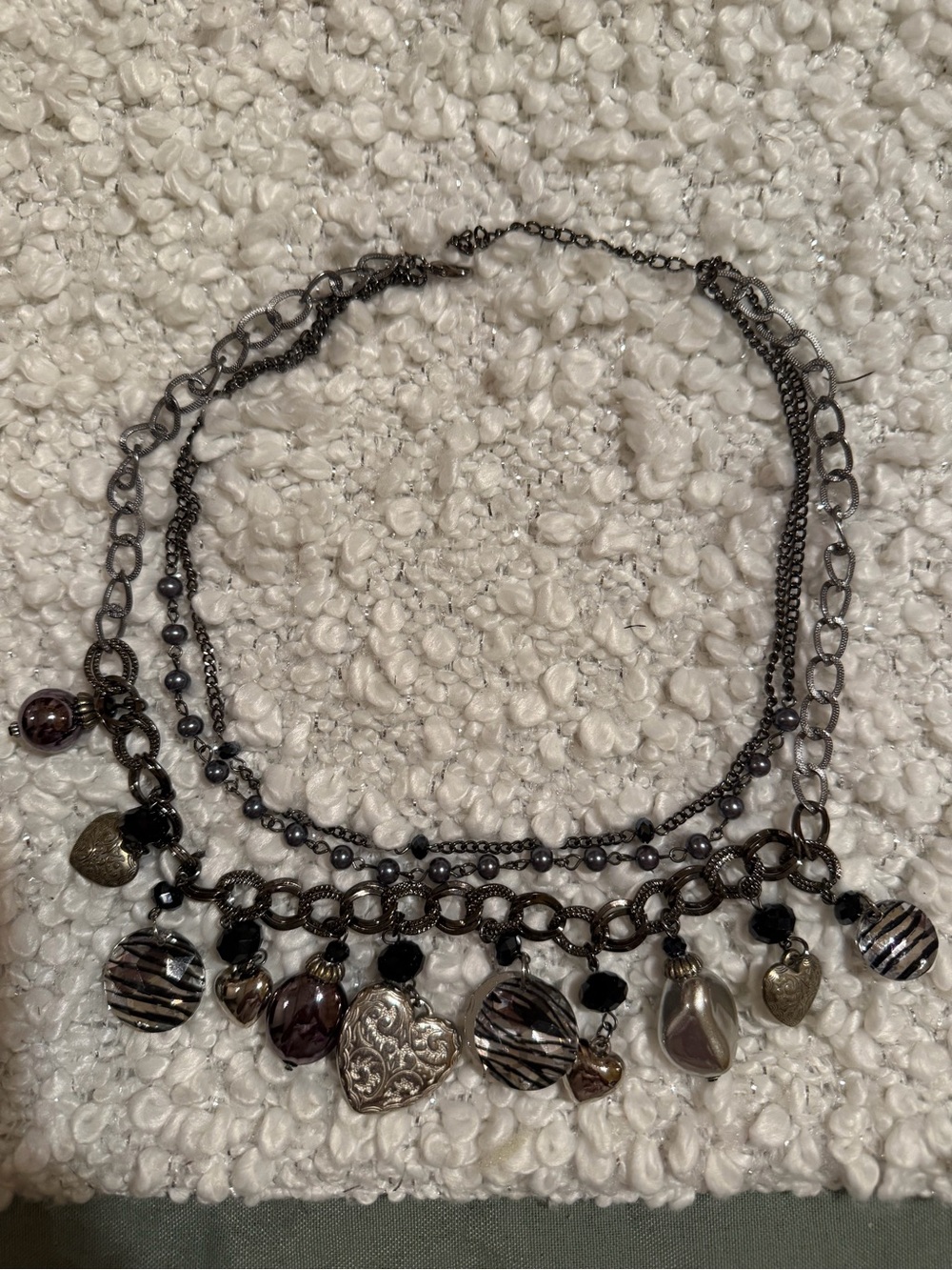 Layered Gunmetal Charm Necklace with Heart Pendants